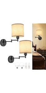 ENCOMLI Dimmable Plug in Wall Sconces, Swing Arm Wall Lamp, Wall Sconces Set of Two, Plug in Wall Light, Sconces Wall Decor Set of 2, Linen Fabric Shade, 2pcs Bulbs Included