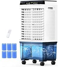 Air Choice Swamp Cooler, 1800 CFM Portable Evaporative Air Cooler with 6 Ice Box & 5.3 Gal Water Tank, 110° Swing, 3 Speeds, Upgraded Remote, 12H Timer, 3-in-1 Air Cooling Fan for Outdoor Indoor, Blue