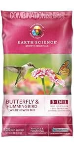 Wildflower Pollinator Mix from Earth Science, 3-in-1 Mix with Premium Wildflower Seed, Plant Food and Soil Conditioners, Non-GMO, for Bees, Hummingbirds, Butterflies, Pollinators 6 lb