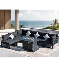 NICESOUL Modern Aluminum Outdoor Furniture Set with Propane/Gas Fire Pit, 29" Deep Seat Wide All Weather Outdoor Conversation Set, 7 Piece L-Shaped Modular Sectional Sofa for Poolside, Dark Gray