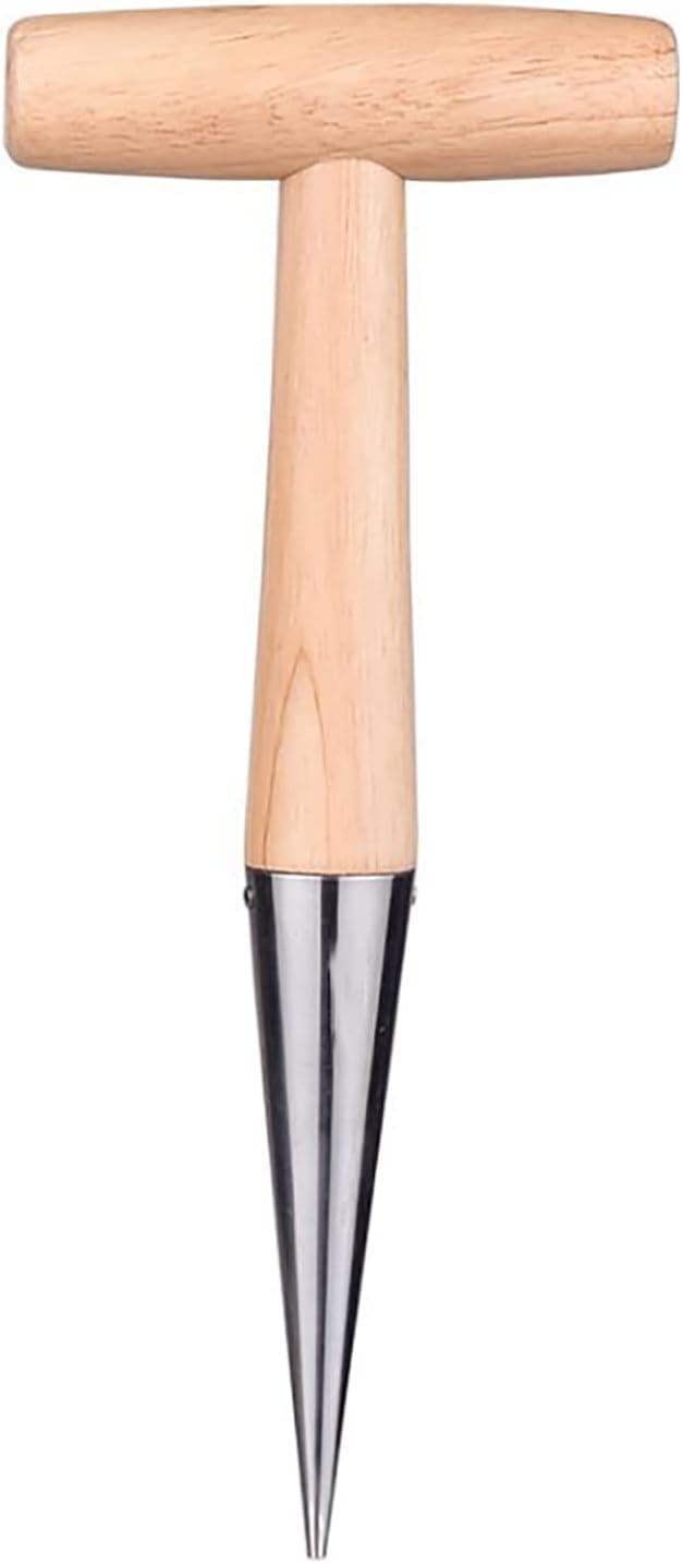 11" Stainless Steel Garden Dibber Bulb Planter with Wooden Handle, Bulb Planter for Sowing Seeds Transplanting Vegetable Flowers