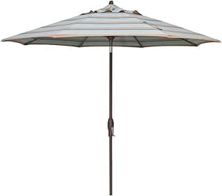 Treasure Garden 9-Foot (Model 810) Deluxe Auto-Tilt Market Umbrella with Bronze Frame and Sunbrella Fabric: Gateway Mist Stripe (Includes 3 Year Extended Frame Warrantee) Warrantee
