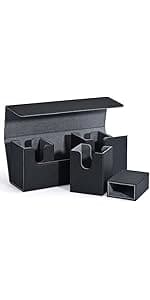 Modern Black&Blue Card Deck Box with Dice Tray for MTG, Yugioh, Sports Cards, Holds 800+ Unsleeved Cards, 5-in-1 Organizer with Playmat Lid