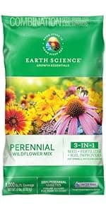 Wildflower Pollinator Mix from Earth Science, 3-in-1 Mix with Premium Wildflower Seed, Plant Food and Soil Conditioners, Non-GMO, for Bees, Hummingbirds, Butterflies, Pollinators 6 lb