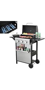3 Burner Small Propane Gas Grill with Porcelain-Enameled Grates & Thermometer, Stainless Steel BBQ Grill 25650 BTU with Folding Side Tables for Outdoor Cooking Kitchen, Garden, Patio