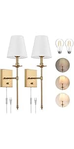 ENCOMLI Dimmable Plug in Wall Sconces, Swing Arm Wall Lamp, Wall Sconces Set of Two, Plug in Wall Light, Sconces Wall Decor Set of 2, Linen Fabric Shade, 2pcs Bulbs Included