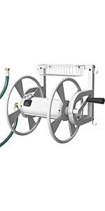 Outdoor Wall Mounted Hose Reel with Hook, Garden Heavy-Duty Water Hose Holder Winder with 3.9 ft Leader Hose, Brass Fitting and Storage Basket for Yard, Holds 125 Ft of 5/8-Inch Hose, White