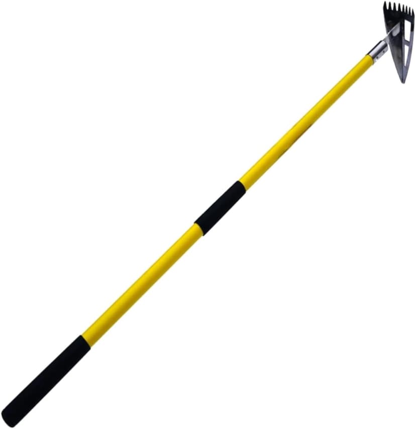 Spear Head Hoe Garden Tool - Long Handle Hoe with 59" Fiberglass Handle, 2 Cushioned Grips, & Stainless Steel Blade with Sharpened Edges & Rake - Multipurpose Garden Tool for Weeding & More (Yellow)