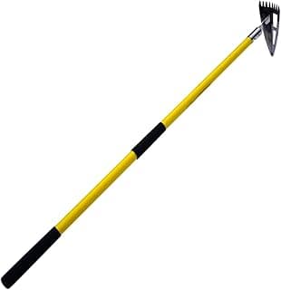 Spear Head Hoe Garden Tool - Long Handle Hoe with 59" Fiberglass Handle, 2 Cushioned Grips, & Stainless Steel Blade with Sharpened Edges & Rake - Multipurpose Garden Tool for Weeding & More (Yellow)