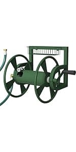 Outdoor Wall Mounted Hose Reel with Hook, Garden Heavy-Duty Water Hose Holder Winder with 3.9 ft Leader Hose, Brass Fitting and Storage Basket for Yard, Holds 125 Ft of 5/8-Inch Hose, White