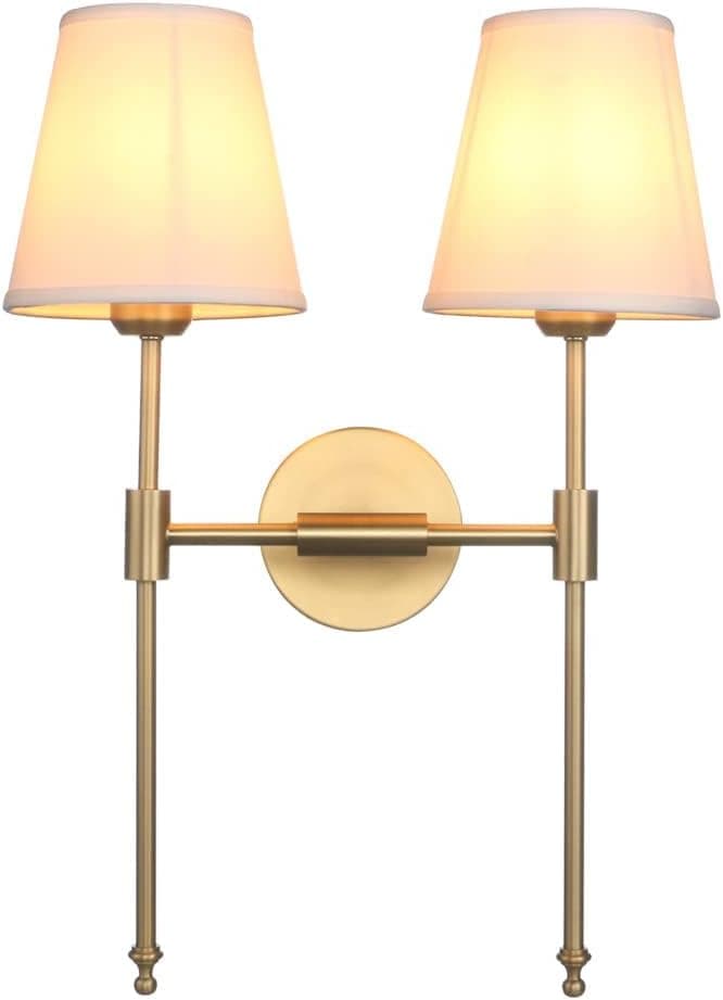 PERMO Classic Rustic Double Sconce 2-Lights Wall Sconce Lighting Fixture with Flared White Textile Lamp Shade and and Antique Brass Finished Long Arm,Wall Sconce Light Fixture for Bathroom Bedroom