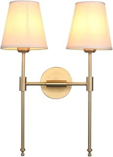 PERMO Classic Rustic Double Sconce 2-Lights Wall Sconce Lighting Fixture with Flared White Textile Lamp Shade and and Antique Brass Finished Long Arm,Wall Sconce Light Fixture for Bathroom Bedroom