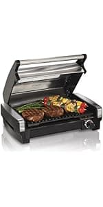 Hamilton Beach Electric Indoor Searing Grill with Adjustable Temperature Control to 450F, 118 sq. in. Surface Serves 6, PFAS-Free Removable Nonstick Grate, Stainless Steel (25360)