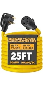 Kanayu Generator Transfer Switch Adapter Cord Compatible with NEMA L5-30P to L14-30R, 30 Amp Locking 3 Prong to 4 Prong Generator Adapter RV Generator to House Inlet Box, STW 10 AWG, ETL Listed(10ft)