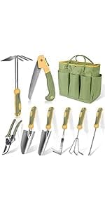 Garden Tool Set, WisaKey 9 Piece Stainless Steel Heavy Duty Green Gardening Tools with Non-Slip Ergonomic Handle, Durable Garden Tool Bag, Ideal Gardening Hand Tools, Gardening Gifts for Women and Men
