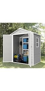 Outdoor Storage Shed 6x4.4FT, Resin Shed Plastic with Floor for Garden Tool,Waterproof Outdoor Resin Storage,Lockable Doors for Patio,Yard,Lawn (LightGray 6x4)