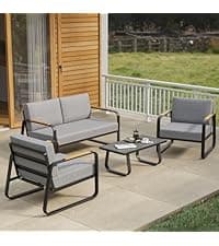 EAST OAK 4-Piece Patio Conversation Set, Waterproof Outdoor Furniture Set with Thick Cushion, Patio Furniture Set for 4, Woven Armrests Sofa and Coffee Table for Garden, Misty Grey
