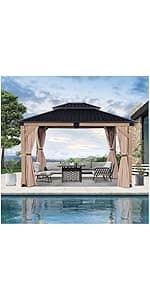 CHARMELEON 10'x12' Wood Gazebo,Patio Cedar Wood Gazebo with Mosquito Netting and Curtains, Galvanized Steel Hardtop Pavilion for Outdoor, Garden, Deck