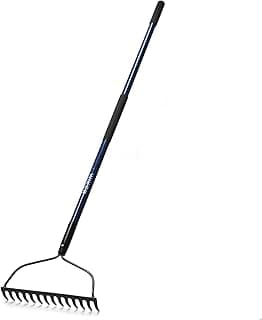 57 Inch Heavy Duty Garden Rake with Blue Fiberglass Handle - 14-Tooth Metal Yard Rake for Gardening, Farming, and Yard Work - Durable Hard Rakes for Heavy Duty Use