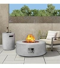 2-Piece Outdoor Propane Fire Pit Table Set w/Tank Cover Table, 31.5-inch 50,000 BTU CSA Certification Bowl Concrete Firepit SUS201 Round Burner with Steel Lid, Lava Rocks, Rain Cover…