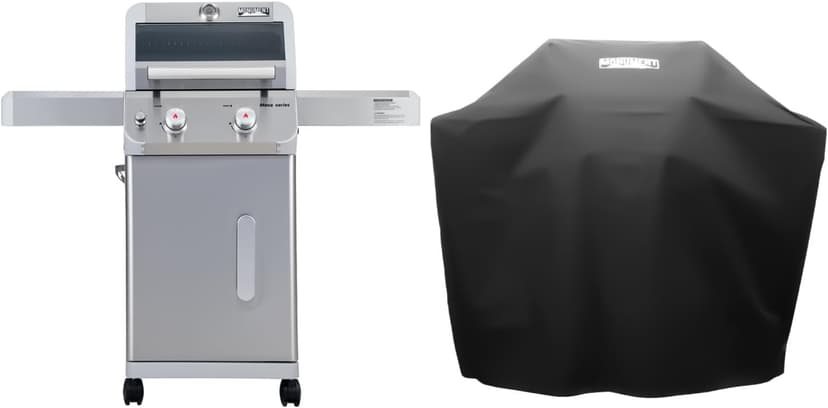 Monument Grills 2-Burner Stainless Steel Liquid Propane Gas Patio Garden Barbecue Grill with Clearview® Lid, Knob Control, and Two Foldable Shelves Mesa200S with BBQ Cover