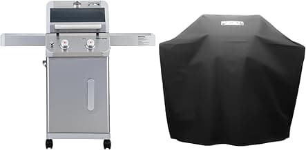 Monument Grills 2-Burner Stainless Steel Liquid Propane Gas Patio Garden Barbecue Grill with Clearview® Lid, Knob Control, and Two Foldable Shelves Mesa200S with BBQ Cover