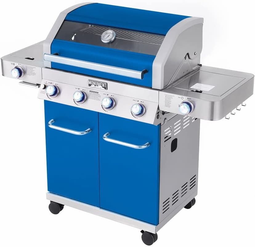 Monument Grills Larger 4-Burner Propane Gas Grills Stainless Steel Cabinet Style with Clearview® Lid, Knob Controls, Built-In Thermometer, Infrared Side Sear Burners & Side Burners, Blue