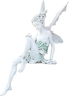 Resin Sitting Garden Statue, Lifelike Fairy with Wing Sculpture Decoration, Charming Outdoor Fairy Tale Angel Outdoor Ornament Home Decor Gift - White