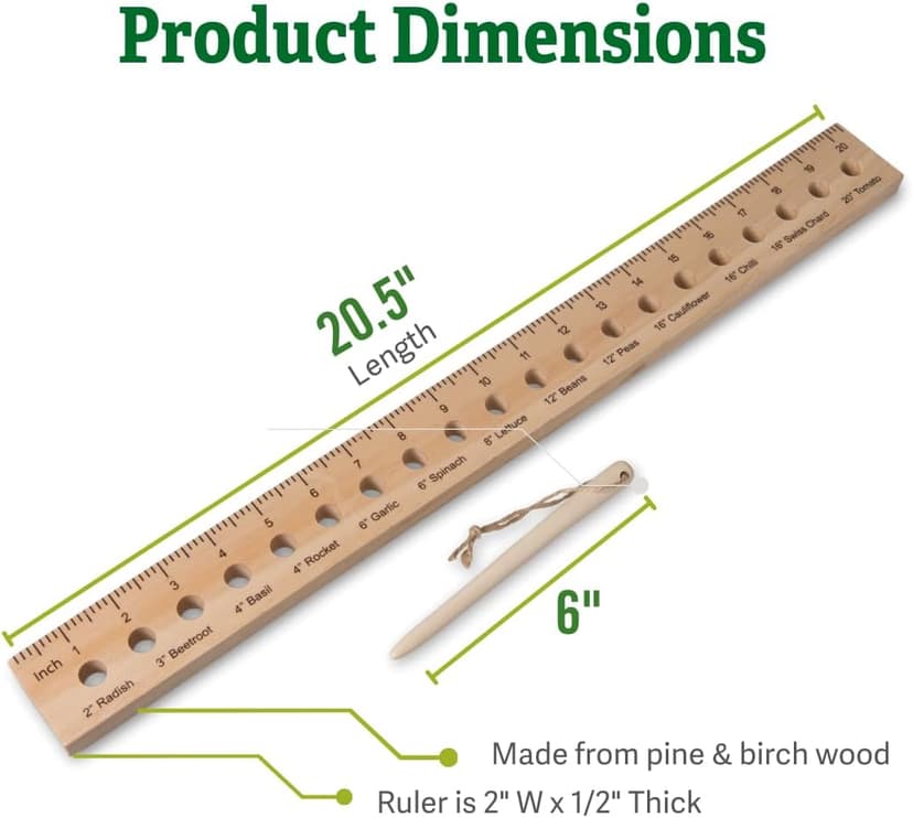 Gardener's Supply Company Planting Ruler and Dibber | Wooden Plant Seed Spacing for Outdoor Raised Bed Gardening and Vegetable Gardens | 20-1/2"L and is 2"W x 1/2" Thick
