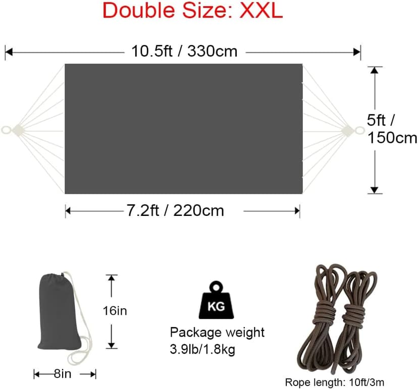 Hammock Outdoor 2 People 220x150cm Total Length 330cm Load 300kg Canvas Cotton Hammock for Garden Indoor Children Balcony Dark Gray XXL