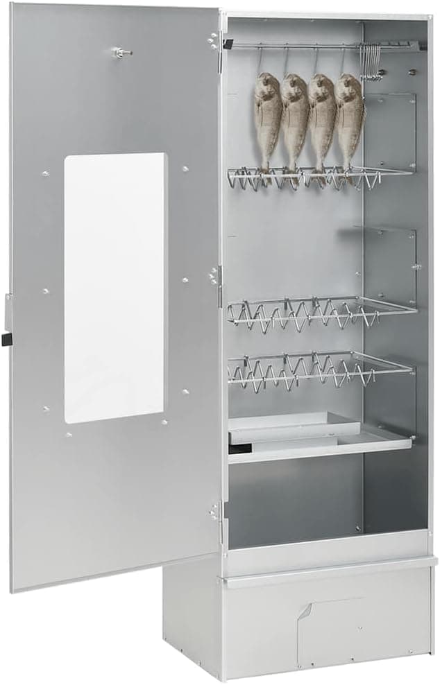 'vidaXL BBQ Oven Smoker with Wood Chips in Galvanized Steel - Outdoor Smoker for Meat, Fish, Sausages with Thermometer & Glass Window, Silver