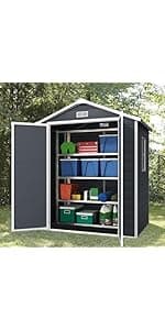 Outdoor Storage Shed 6x4.4FT, Resin Shed Plastic with Floor for Garden Tool,Waterproof Outdoor Resin Storage,Lockable Doors for Patio,Yard,Lawn (LightGray 6x4)