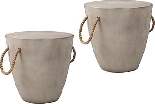COSIEST Set of 2 Outdoor Cup Shaped Side Table, Concrete Side Table w Hemp Rope Handles,17''Patio Side Tables End Table, Outdoor Accent Side Table for Garden and Patio, Grey