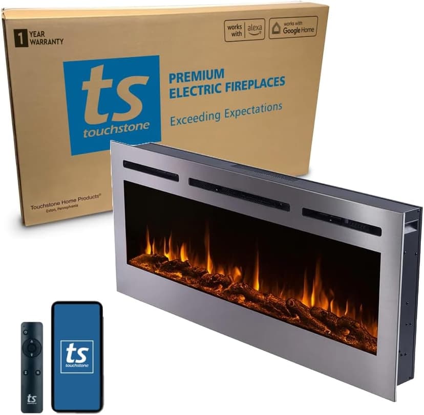 Touchstone Sideline Deluxe -Stainless Steel Smart Electric Fireplace- 50" Wide- Alexa/WiFi-Enabled- in Wall Recessed- 5 Flame Settings- 9 Flame Colors- 1,500W Heater- Log & Crystal Options- 86273