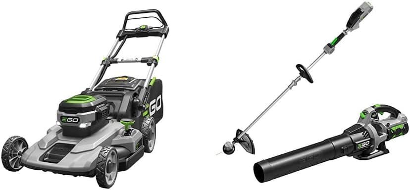 EGO Power+ LM2101 21-Inch 56-Volt Lithium-ion Cordless Lawn Mower 5.0Ah Battery and Rapid Charger Included & 15-Inch String Trimmer, Blower Combo Kit with 2.5Ah Battery and Charger Included, Black