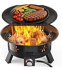 AMADA HOMEFURNISHING 19″ Propane Fire Pit with Grill Grate, 58,000 BTU, Folding Legs, Propane Tank Holder, Cover, and Carry Strap, No Ignition Needed, Easy Flame Adjustment, CSA-Certified, Portable