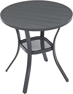 VICLLAX 27.5" Outdoor Round Patio Table for Lawn Garden, All Weather Metal Round Patio Dining Table with Storage Shelf, 2 Person Small Patio Table, Grey Tabletop