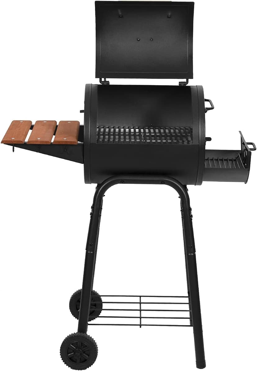 Char-Griller® Patio Pro Charcoal Grill and Smoker with Cast Iron Grates, Premium Wood Shelf and Damper Control, 250 Cooking Square Inches in Black, Model E1515