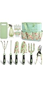 Garden Tool Set, WisaKey 9 Piece Stainless Steel Heavy Duty Green Gardening Tools with Non-Slip Ergonomic Handle, Durable Garden Tool Bag, Ideal Gardening Hand Tools, Gardening Gifts for Women and Men