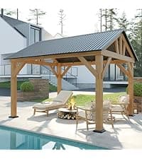 AMERLIFE 10x12 Solid Wood Gazebo, Hardtop Gazebo with Solid Spruce Frame and Aluminum Double Roof, Outdoor Pergola for Parties, Backyard, Patio, Lawns, Black + Natura Wood