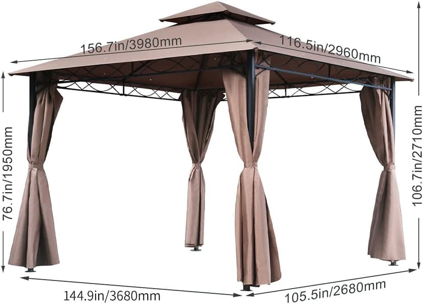 FDW 10'x13' Outdoor Patio Gazebo Heavy Duty Steel Frame Canopy with Double Roof, Privacy Curtains, for Garden, Backyard, and Lawn (Brown)