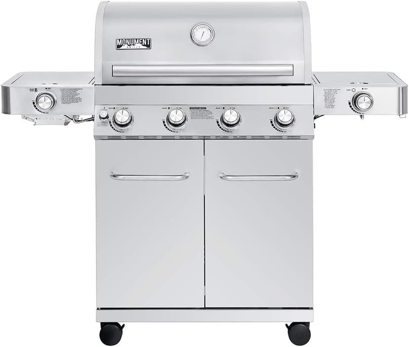 Monument Grills Larger 4-Burner Propane Gas Grills Stainless Steel Cabinet Style with Side & Side Sear Burners, Built-In Thermometer, and Knob Controls