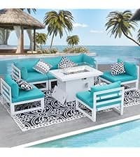 NICESOUL Modern Aluminum Outdoor Furniture Set with Propane/Gas Fire Pit, 29" Deep Seat Wide All Weather Outdoor Conversation Set, 7 Piece L-Shaped Modular Sectional Sofa for Poolside, Dark Gray