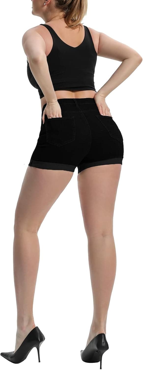Romastory Women's High Waisted Summer Elastic Jean Shorts Folded Hem Hot Denim Shorts for Women
