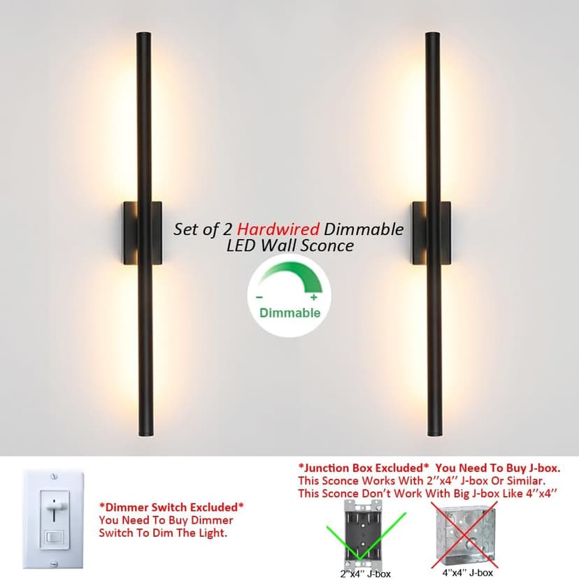 Only Suitable for Small Junction Box Hardwired Minimalist Dimmable Black Tube Linear Wall Sconce 24 Inch Mirror Vanity Light for Bathroom Living Room Bedroom Corridor (2 Pack, 24'', Black, Dimmable)