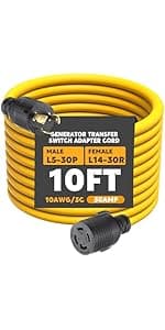 Kanayu Generator Transfer Switch Adapter Cord Compatible with NEMA L5-30P to L14-30R, 30 Amp Locking 3 Prong to 4 Prong Generator Adapter RV Generator to House Inlet Box, STW 10 AWG, ETL Listed(10ft)