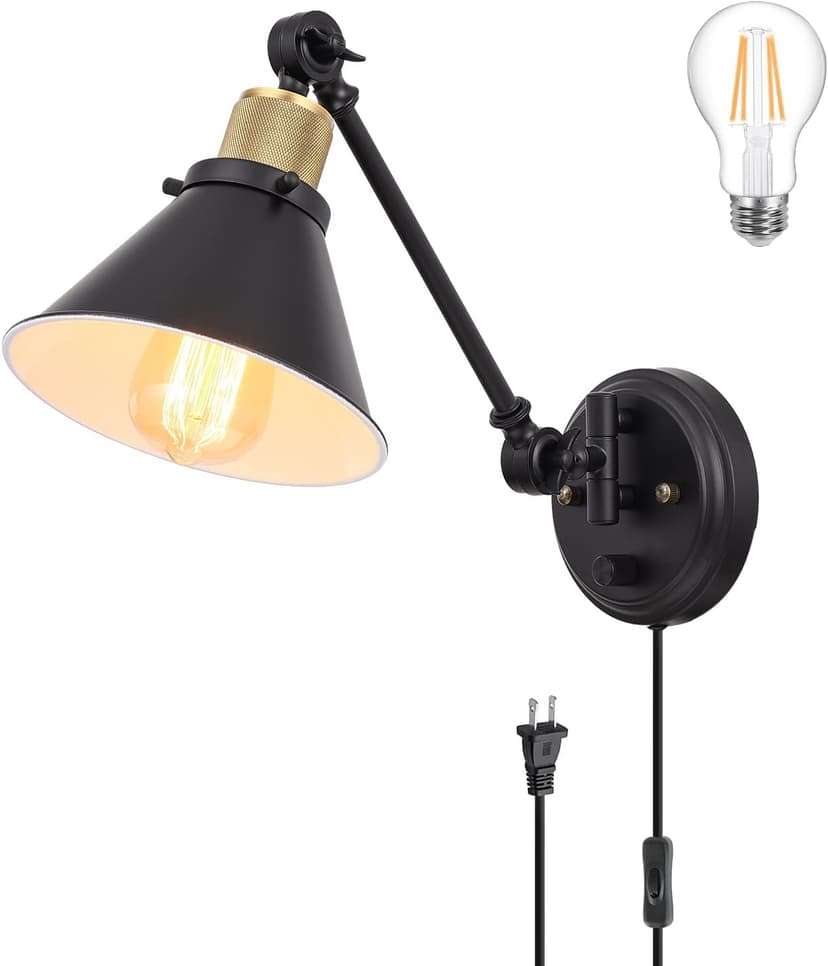 TRLIFE Wall Sconce Plug in, Dimmable Wall Sconce Wall Lights with Plug in Cord and Dimmer On/Off Knob Switch, Swing Arm Wall Light for Bedside Bedroom Stairway Living Room(1 Pack, 1 Bulb Included)