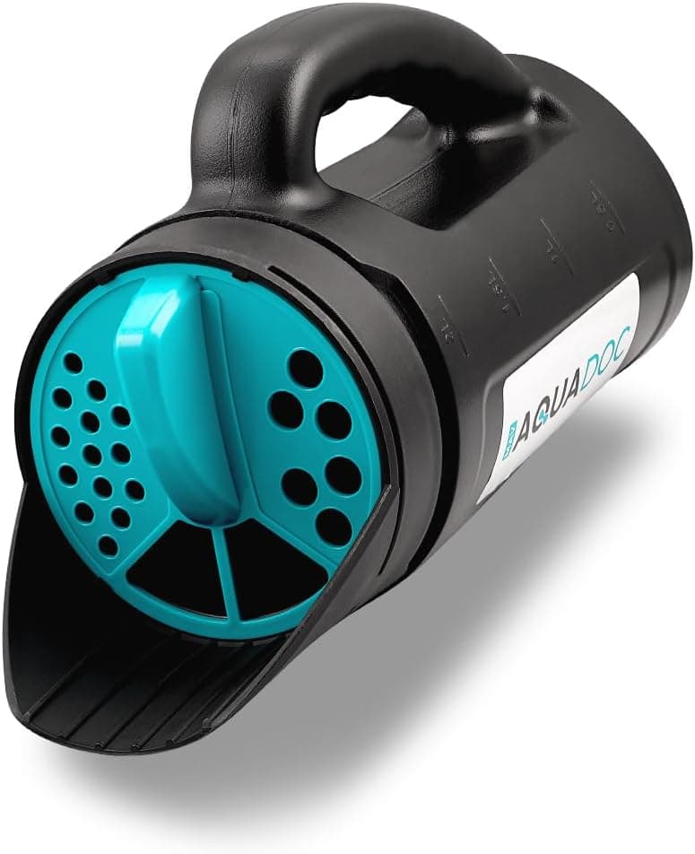 AquaDoc Handheld Seed Spreader for Lawns, Fertilizer, Snow Salt - Multi-use Hand Spreaders for Lawns, Spa & Pool Chemicals with Multiple Size Openings - 2.5L Capacity