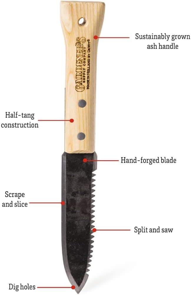 Gardener's Supply Company Lifetime Hori Hori Garden Knife, Multi-Purpose Garden Tool Hand-Forged High-Carbon Steel Blade with Rounded Hardwood Handle for Weeding, Digging & Cutting