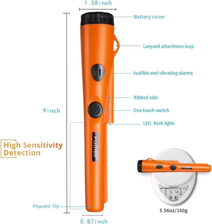 Pinpoint Metal Detector Pinpointer - Fully Waterproof with Orange Color Include a 9V Battery 360 Search Treasure Pinpointing Finder Probe with Belt Holster for Adults and Kids(Three Mode)
